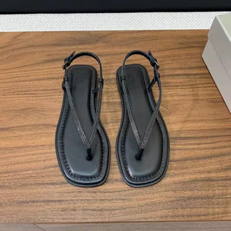 Sheepskin rhinestone flat bottom retro toe sandals women's leather simple flip-flops women's shoes beach roman cool slippers