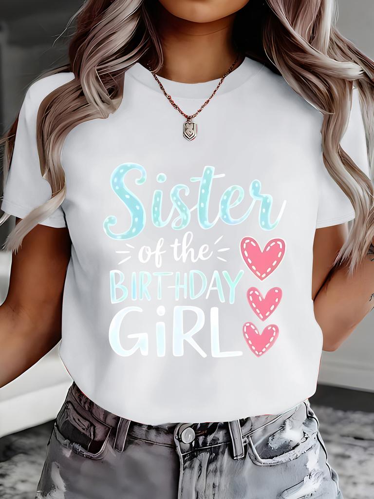 European Size Casual Pink Heart-Decorated Birthday Sister T-Shirt | Cute and Cozy Printed Short-Sleeve Tee for Women, All-Season Comfort