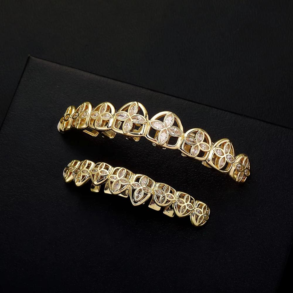 New Arrival 8 Teeth Grillz Leaf Shape Mirco Pave Zircon Braces Cool Big Gold Grillz Vampire Halloween