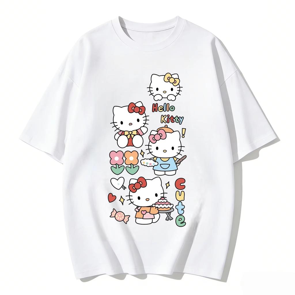 2026 New Summer HelloKitty Cute Graphic Tee Casual Short Sleeve Cotton Top for Women Girls Kawaii Cartoon Print Streetwear
