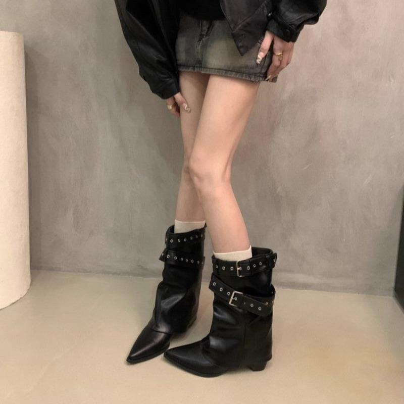 

Модные ботфорты до колена Женские 2025 Осень/Зима Высокие ботинки с острым носком Блочный каблук Узкие модные ботинки 39 чёрный