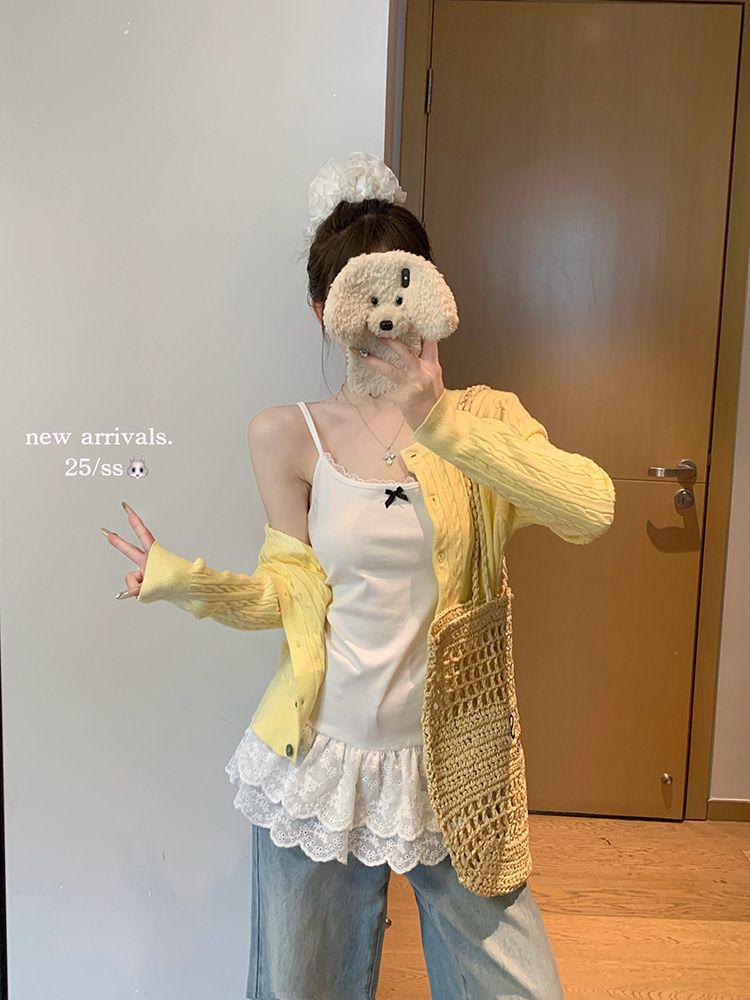 Women's White Bow Strap Layered Tank Top with Lace Trim - Spring/Summer 2025 Collection