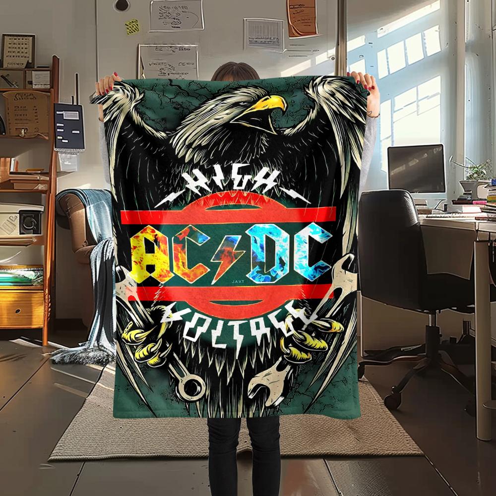 1Pc Ac-dc Band Print Flannel Blanket, High quality Comfortable for All Seasons, Home Decor, Warmth and Comfort, Perfect for Christmas Gifts