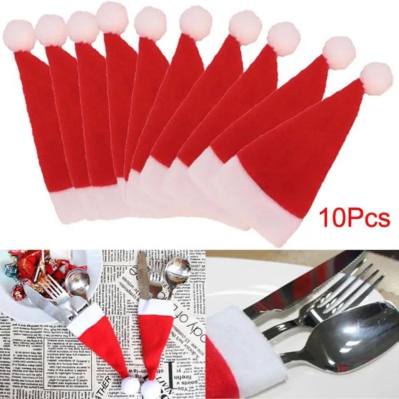

10pcs Christmas Tableware Knife Fork Set Holder Mini Santa Claus Hat Christmas Decorations For Home Navidad New Year Decoration
