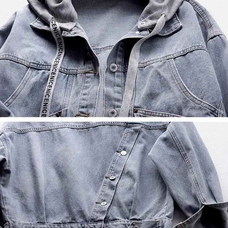Autumn and Winter Multi Pocket Versatile Top Hooded Jacket Women Loose Button Patchwork Outwear Jean Coat