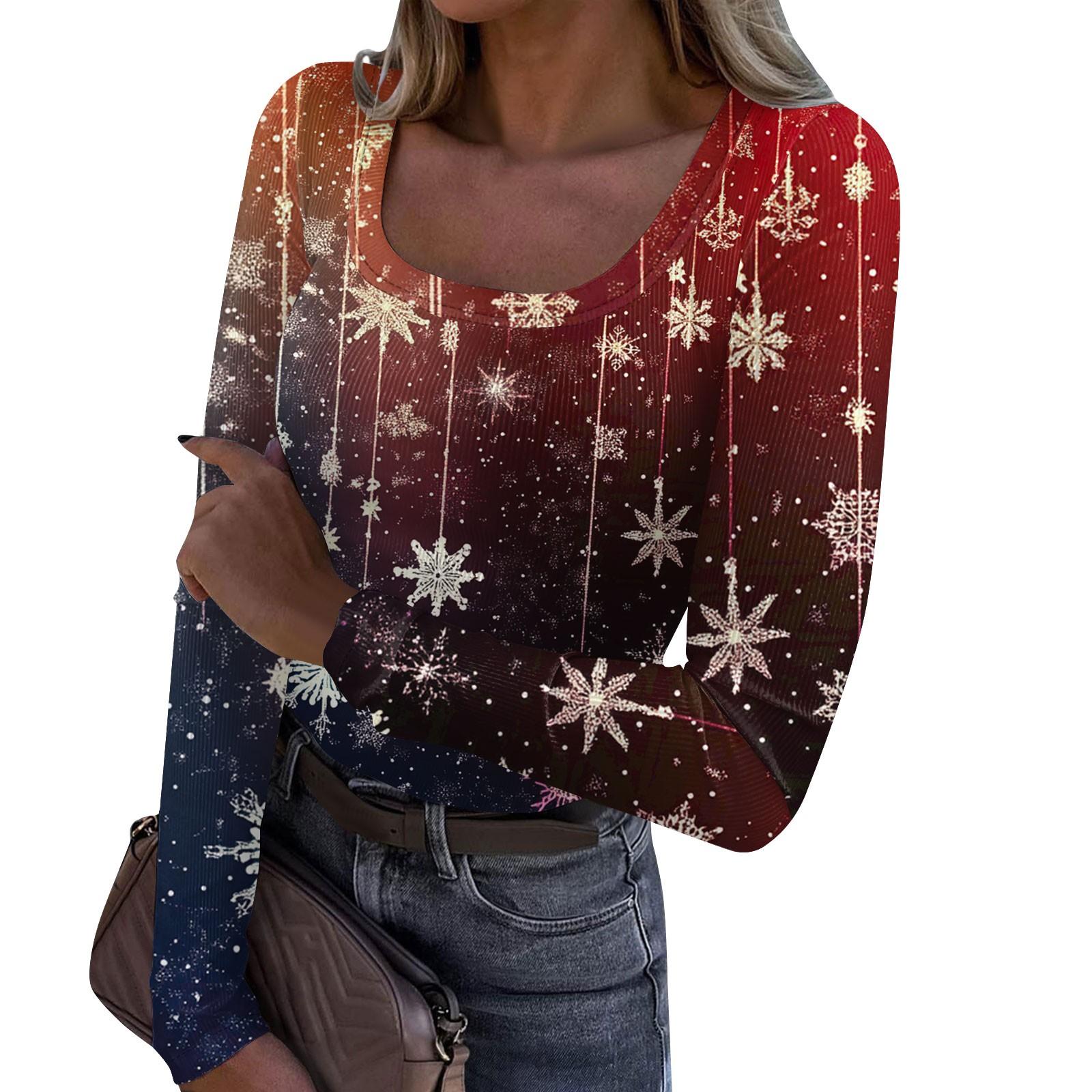 

Женская модная футболка с тонким низом, рождественский принт, пуловер с U-образным вырезом и длинными рукавами XL киноварь