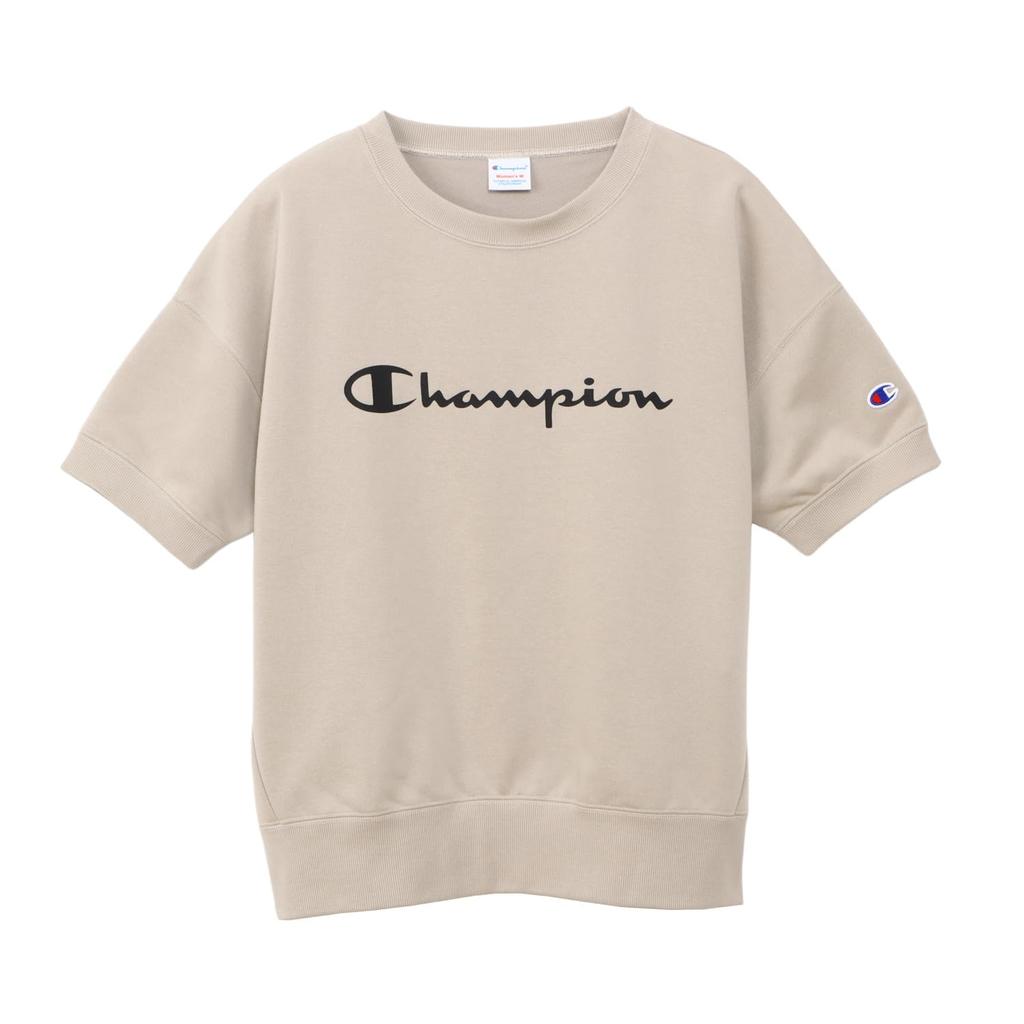Champion Terry Short Sleeve Crew Neck Script TECH Sand Beige Women's Sweatshirt, Quick-Drying, Stretch, Logo, Weave® (CW-BS002),