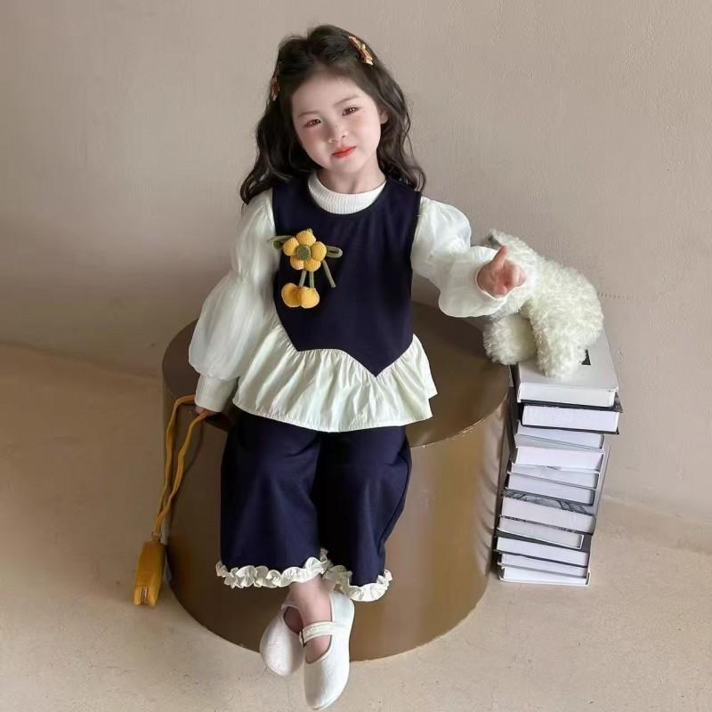 Girls 3-piece Outfit Set Korean Style Tweed Vest T-shirt Pants Kids Casual Fashion