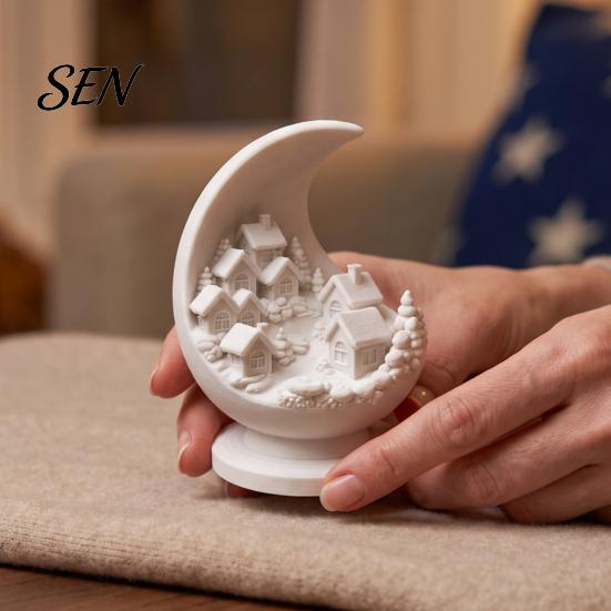 Crescent Snow Village Statue 3D Printed Moon and Snowy Figurine, Mini House Winter Theme Interior Decor with Stable Base, Decorative Sculpture