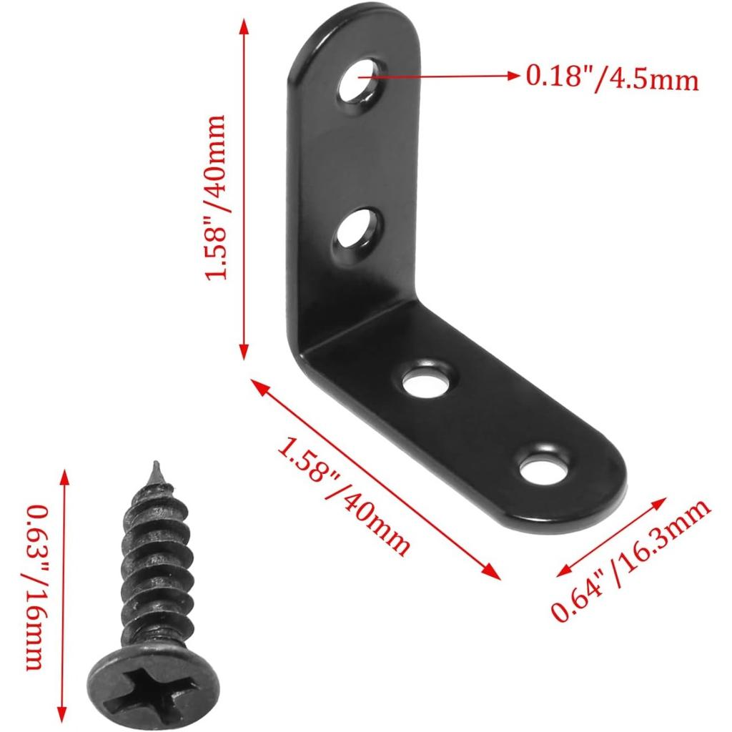 20Pcs Black L Bracket 1.5 Inch, 40mm Stainless Steel Right Angle Corner Brace with Screws for Wood Furniture Shelves