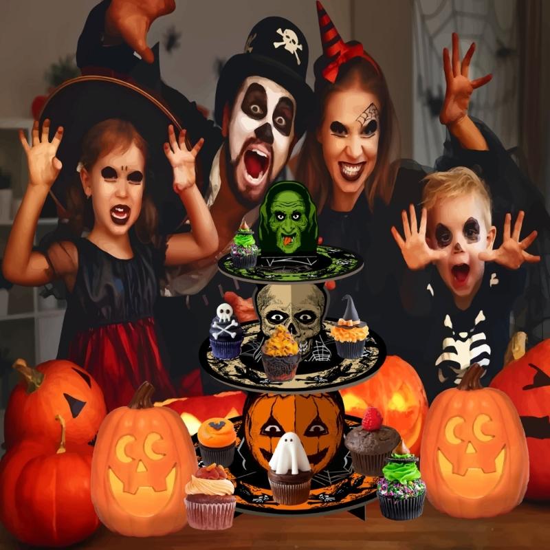 Pumpkin Skull Cupcake Stand for Halloween Party Table Centerpieces, 3 Tiered Paper Dessert Tower for Cupcake, Candy, and Dessert Displays
