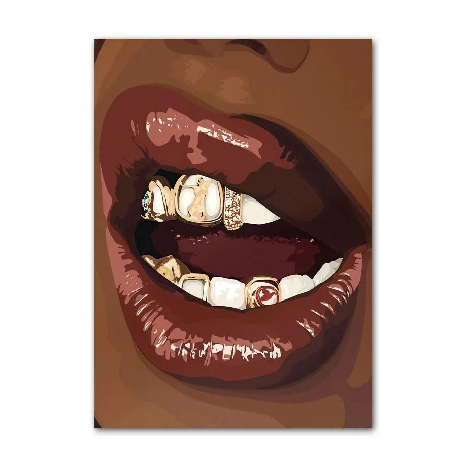Black Art Fashion Hip Hop Girl Manicure Jewelry Lips Poster African Black Woman Beautiful Nails Painting Pictures Living Room Beauty Salon Decor