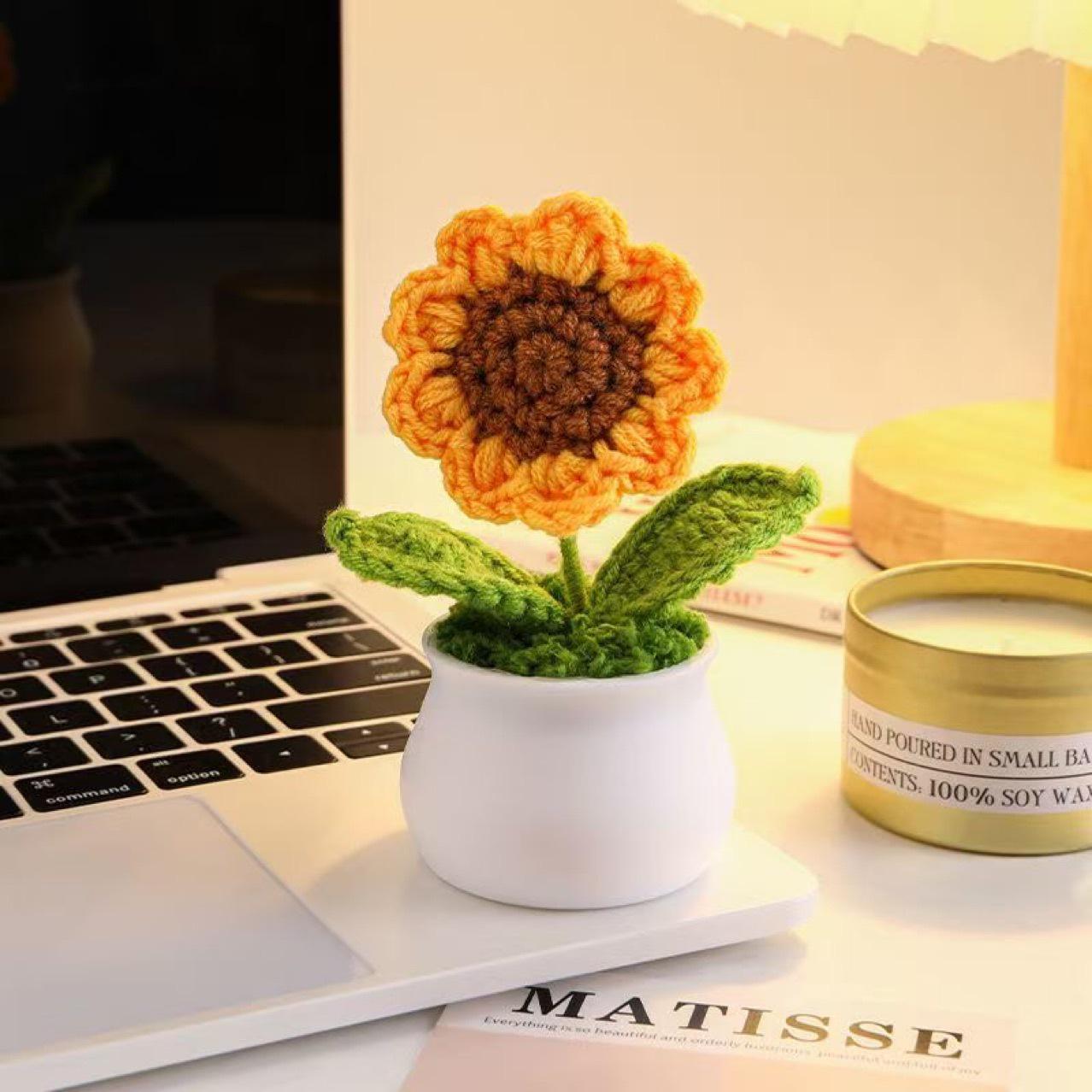 Sunflower Lily Artificial Potted Plant with Woven Base - Decorative Wool Flower Ornament Gift Standard