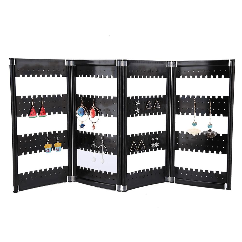 Foldable 4-Panel Jewelry Holder Earrings Display Stand Ear Studs Storage Rack   (Black)