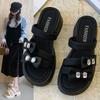 Thick-soled Slim Sandals One-word Trendy Slope Heels Slippers Versatile and Popular Rhinestone Women's 2025 Summer New Outer Wear Muffin
