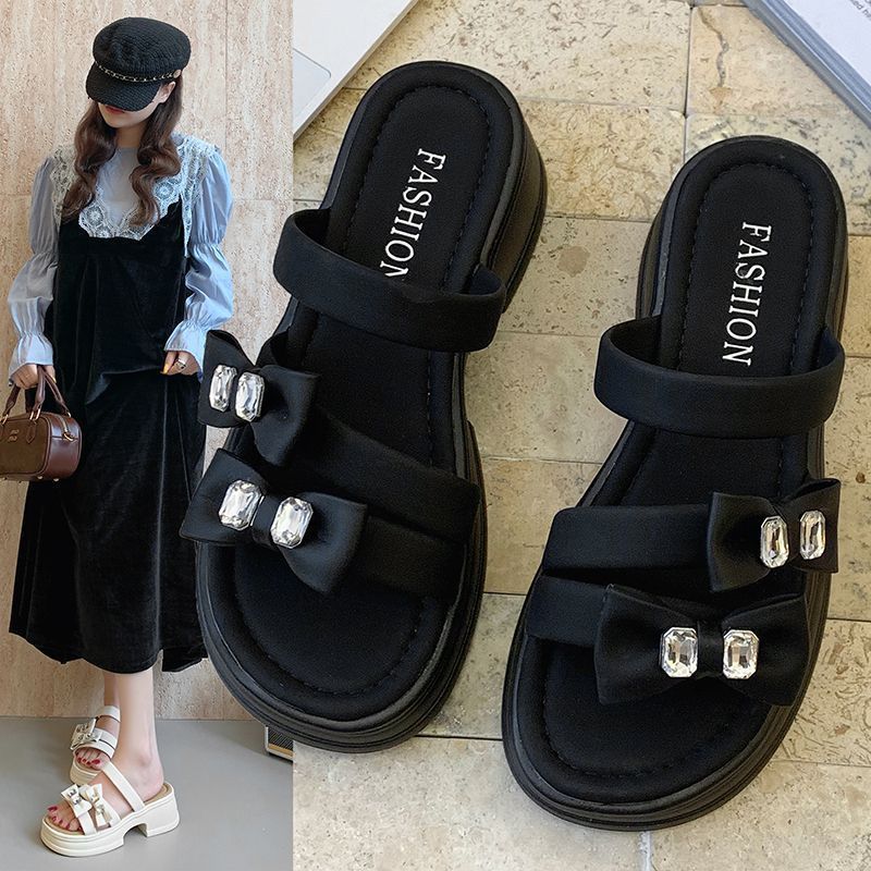 Wear muffin thick-soled thin sandals one-word drag trendy slope heels slippers versatile and popular rhinestone women's 2025 summer new models