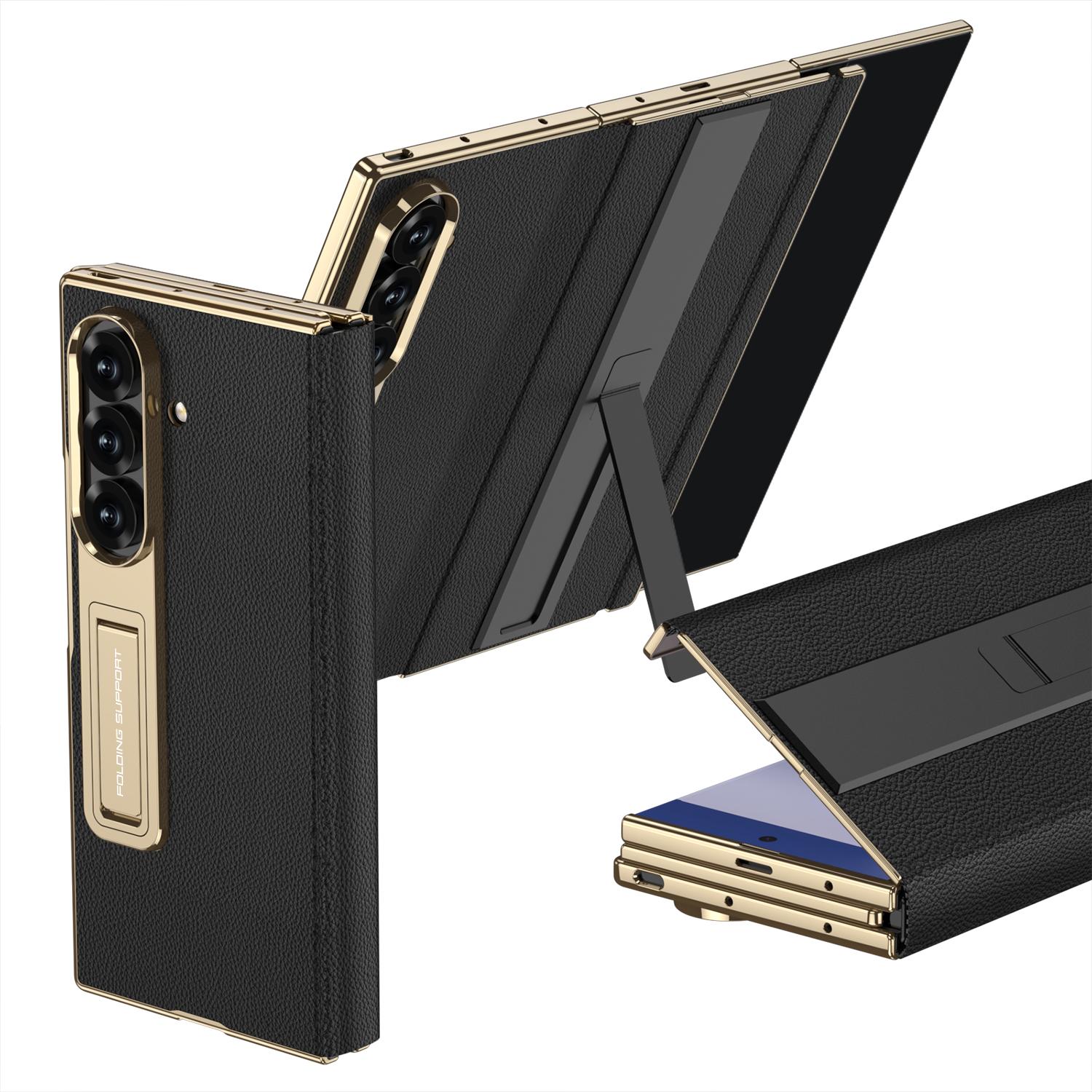Electroplated Leather Golden Sides Back Cover with Stand Holder Phone Case Cover for Samsung Galaxy Z TriFold case For Samsung ztrifold чёрный