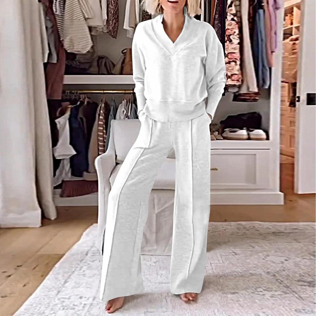 Women's Casual V-Neck Long Sleeve Loose Top Wide Leg Pants Two-Piece Set