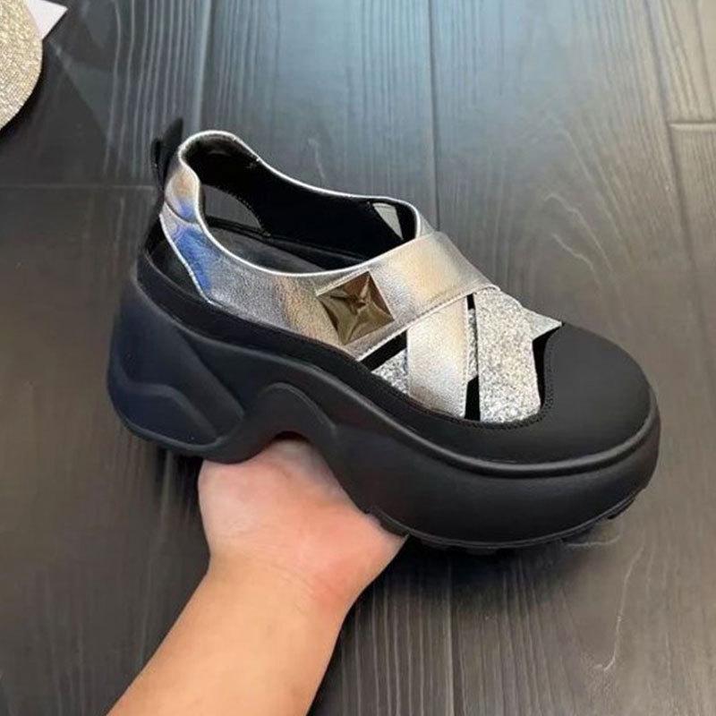 

Baotou Roman sports sandals women s summer outer wear 2025 new hollow thick sole heightening soft sole casual white shoes 39 серебряный