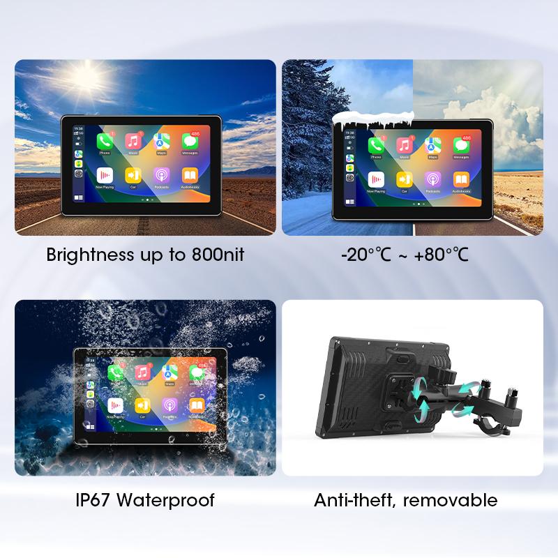 7” Motorcycle GPS Navigation Waterproof Wireless Carplay Android Auto Display Screen Portable Motorbike Moto Monitor DVR Dual BT