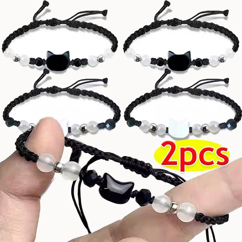 2 pulseras de obsidiana y piedra lunar natural para parejas, pulseras minimalistas hechas a mano, pulseras con un lindo gato blanco y negro, joyería para fiestas, regalos