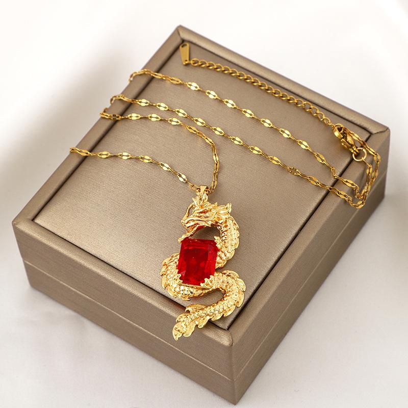 Copper Micro-inlaid Zircon Hip-hop Loong Ruby Pendant Necklace Temperament Light Luxury Niche Design.