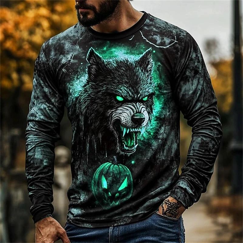 2026 New Men's Halloween 3D Printed Long Sleeve Casual Round Neck Top Long Sleeve with Pumpkin Skull Flame and Chain Design