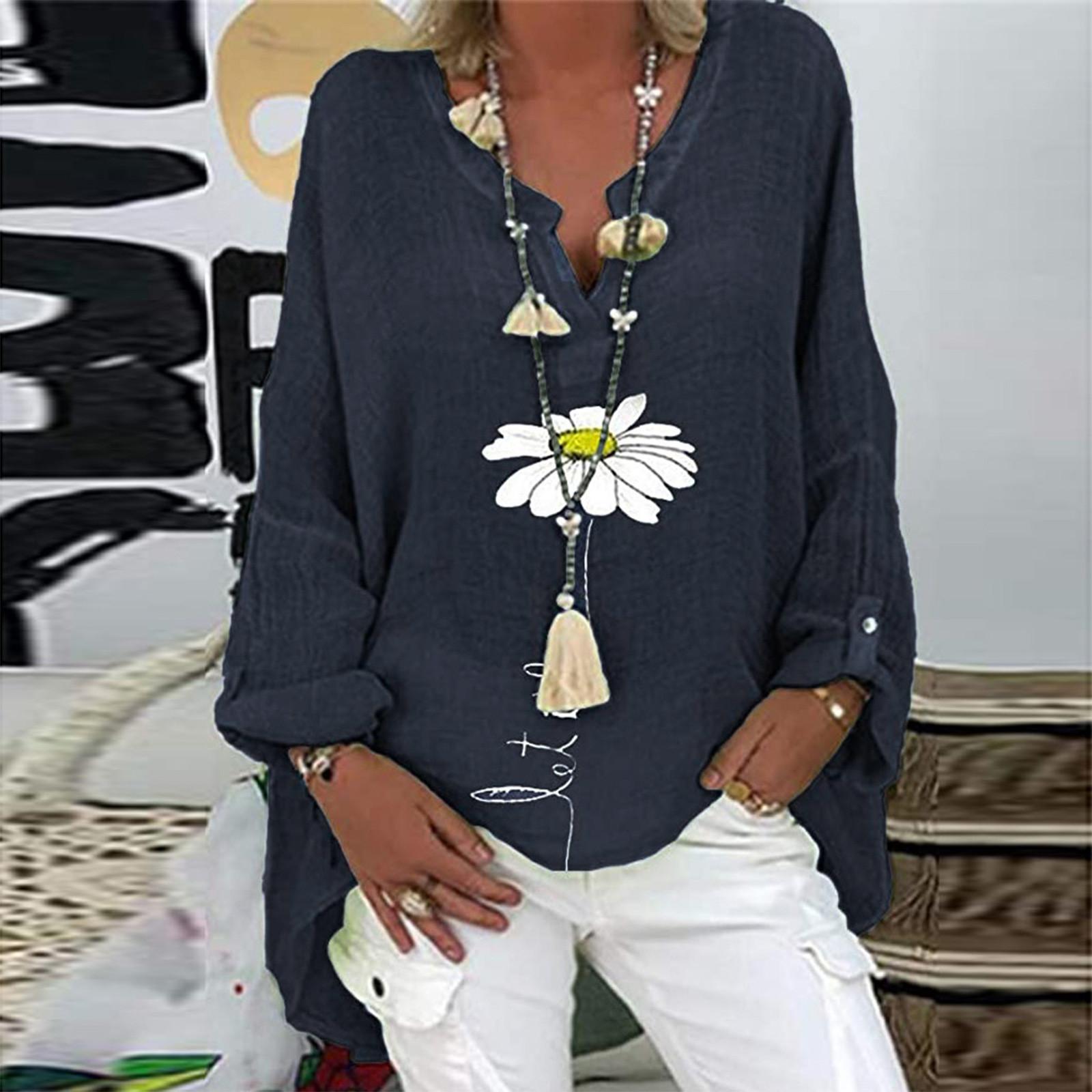 

Женские повседневные рубашки из хлопка и льна с v-образным вырезом и принтом большого размера, топы XXXXXL тёмно-синий
