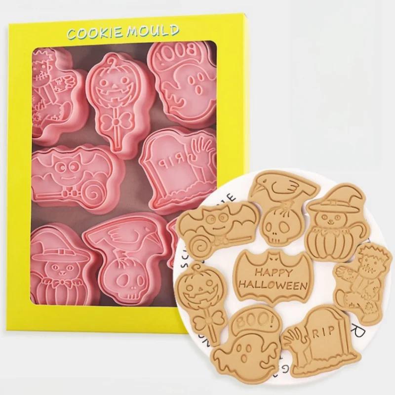 Halloween Cookie Mold 8pcs Set Cartoon Cookie Cutters Pressable Biscuit Mold Confectionery Stamp Baking Pastry Bakeware Tools
