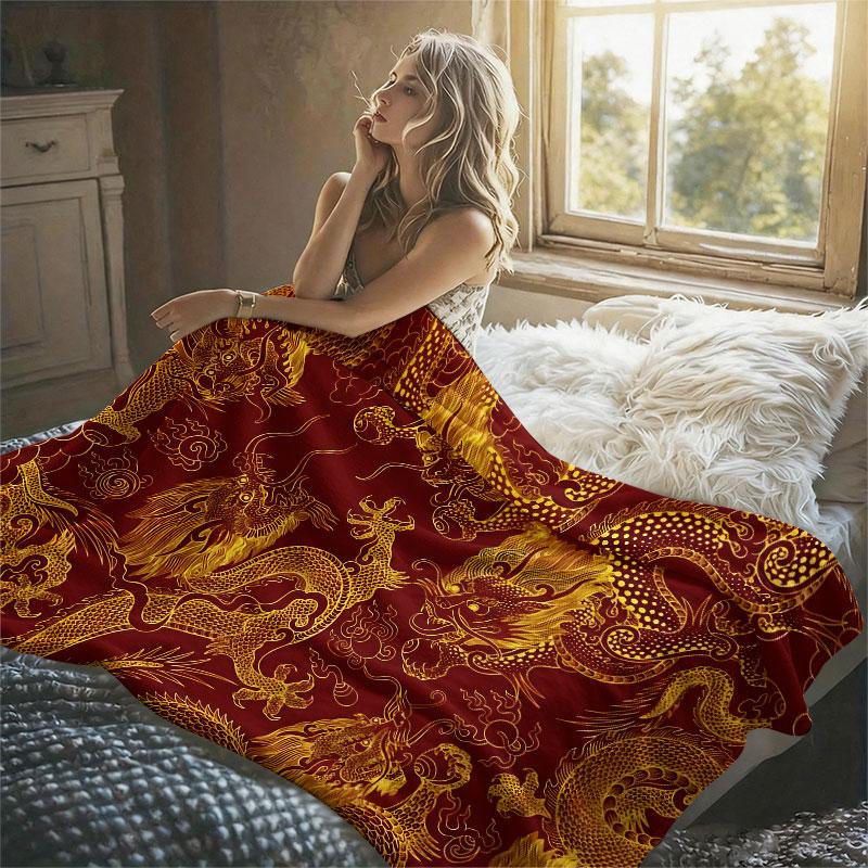 Golden Dragon Motif Flannel Blanket Warm Soft Halloween Christmas Decorative Couch Warm Cozy All-Season Gift