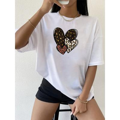 European Size Women'S T-Shirt with Leopard Print & Brown/Beige Heart Pattern - Casual Short Sleeve Round Neck Top, Relaxed Fit All-Season