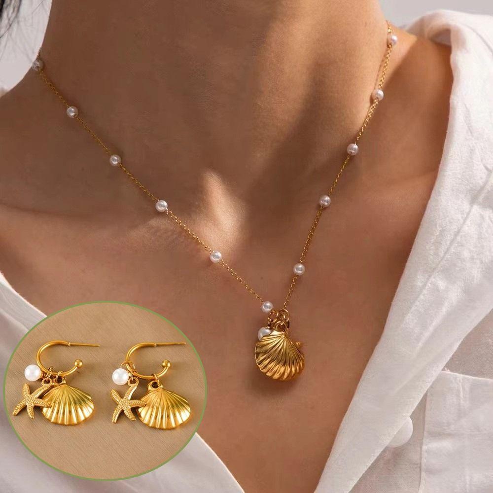 Pearl Accent Shell Necklace Gold Color Drop Earrings Stylish Women Jewelry Beach Wear