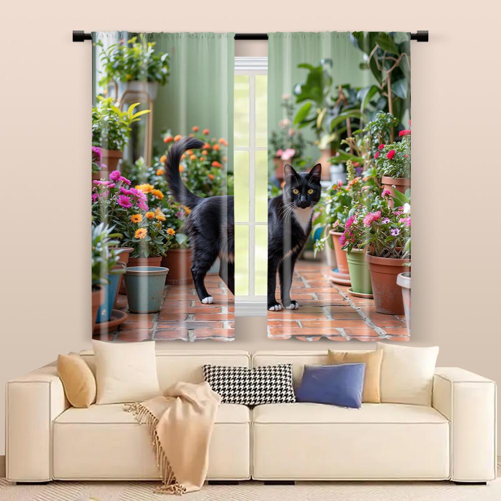 2 Pcs   Filtering Curtains (excluding Rods   Non-movable   Without Batteries) Anime-Inspired Black Cat and Houseplant for Use In