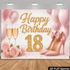 2D 18th Birthday Backdrop, Pink Rose & Balloon Background Banner for Women Girls Birthday Photoshoot