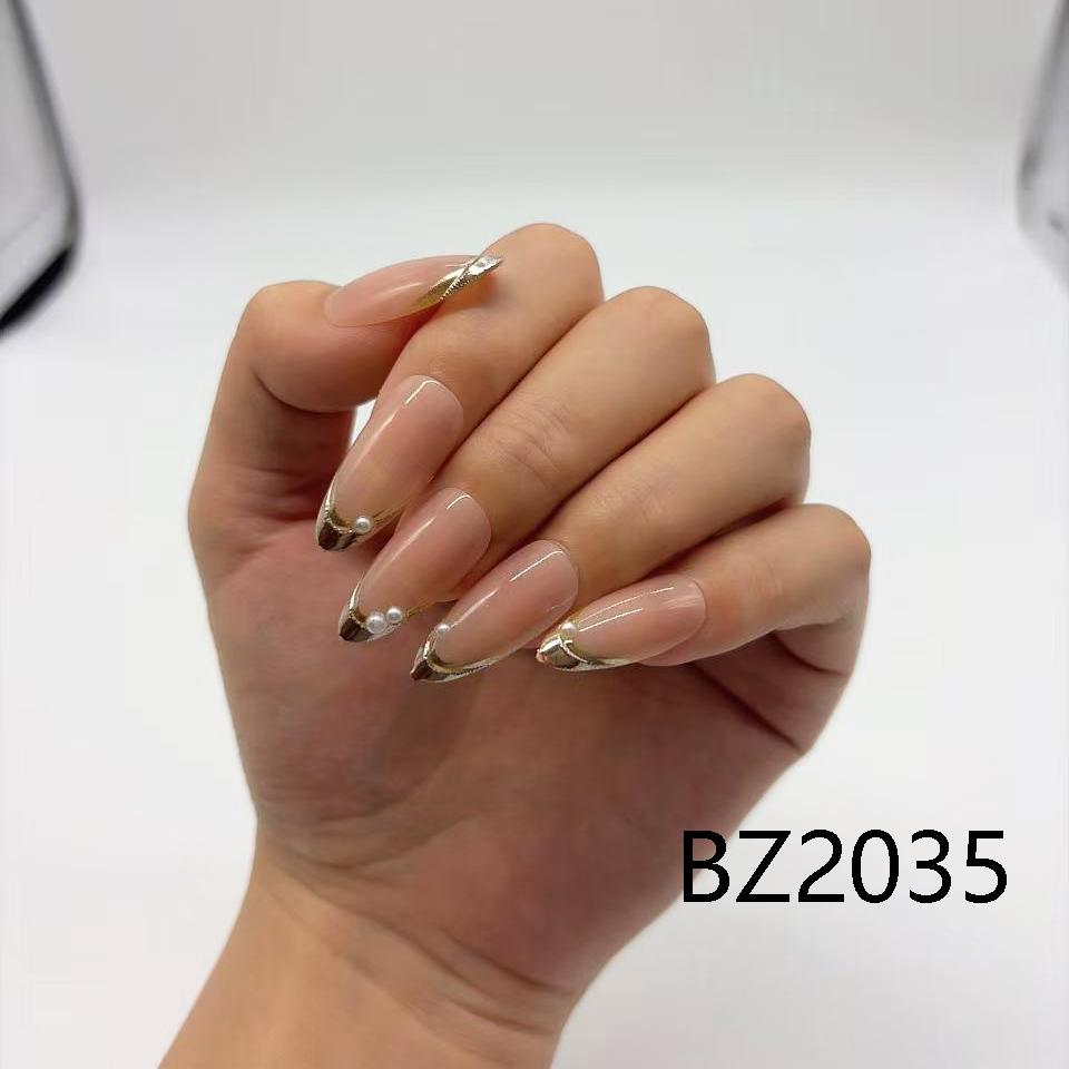 Luxurious Gold French Almond ABS Nail Stickers, Stylish Pearl False Nails, Reusable, Factory Stock.