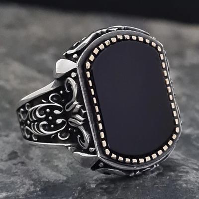 Luxury Engraved Jewelry European and American Style Popular Retro Pattern Black Face Men's Ring
