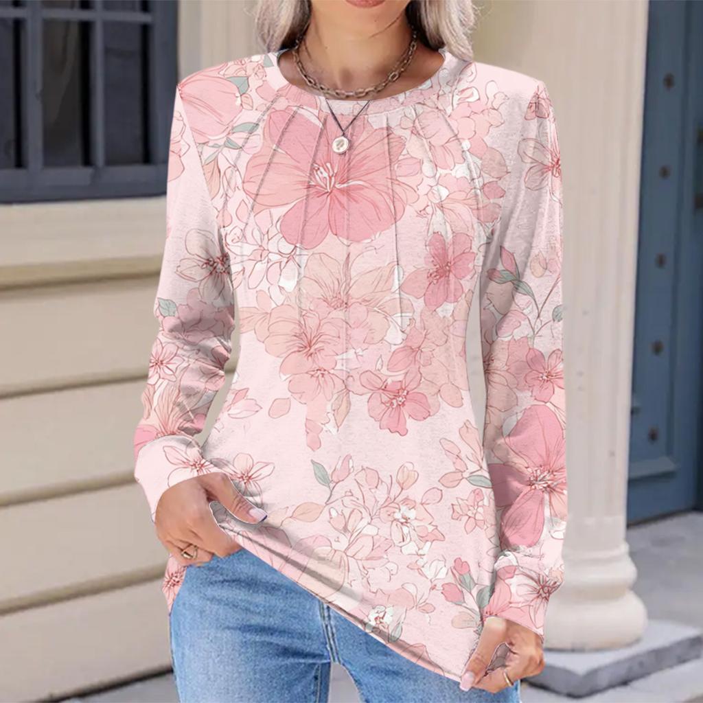 Women's Fashionable Casual Floral Retro Print Pleated Comfortable Round Neck Loose Long Sleeve T-shirt Top