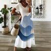 Women Plus Size V Neck Short Sleeve Abstract Printed Blue Beige White Long Maxi Dress