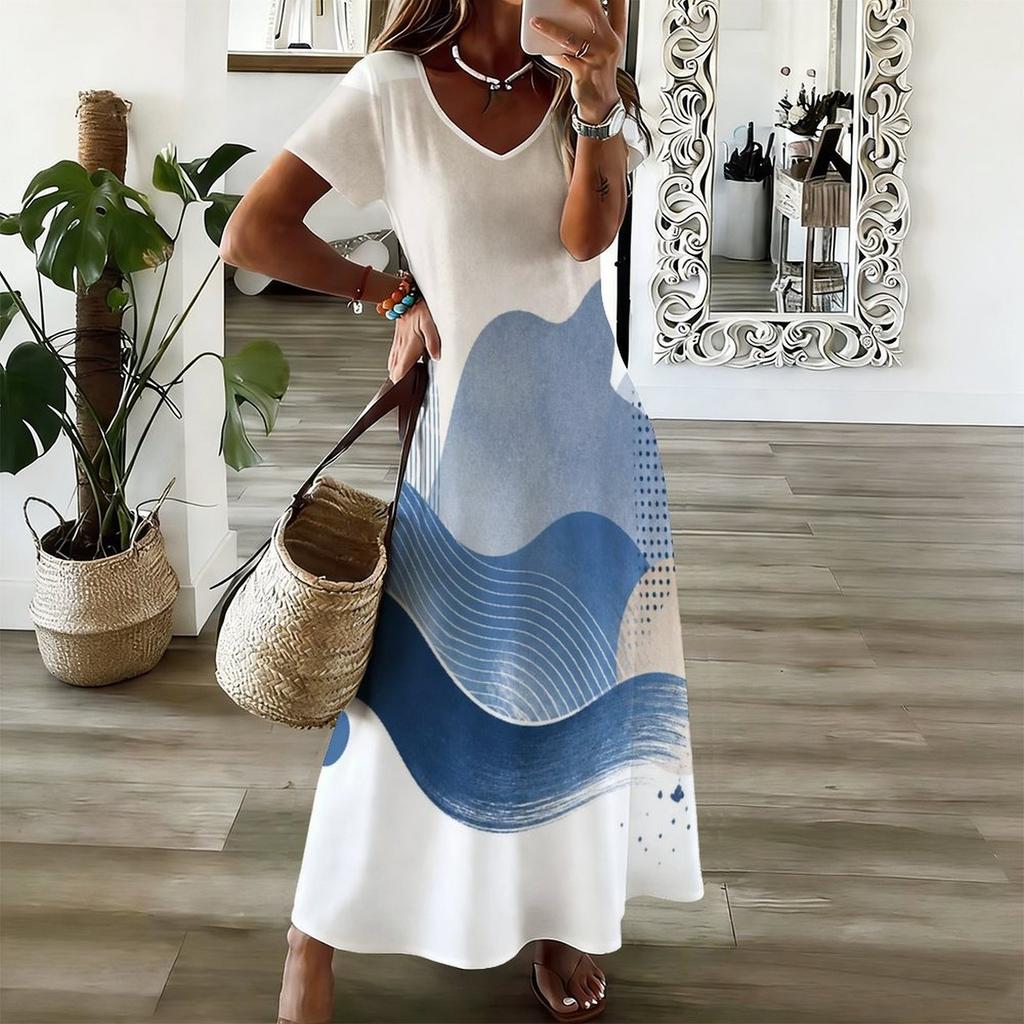 Women Plus Size V Neck Short Sleeve Abstract Printed Blue Beige White Long Maxi Dress