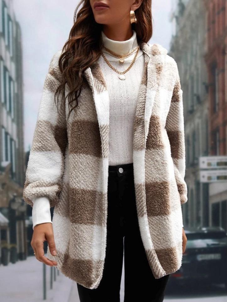 Women's Stylish Plaid Hooded Knitwear Top - Long Sleeve Elegant Autumn Sweater