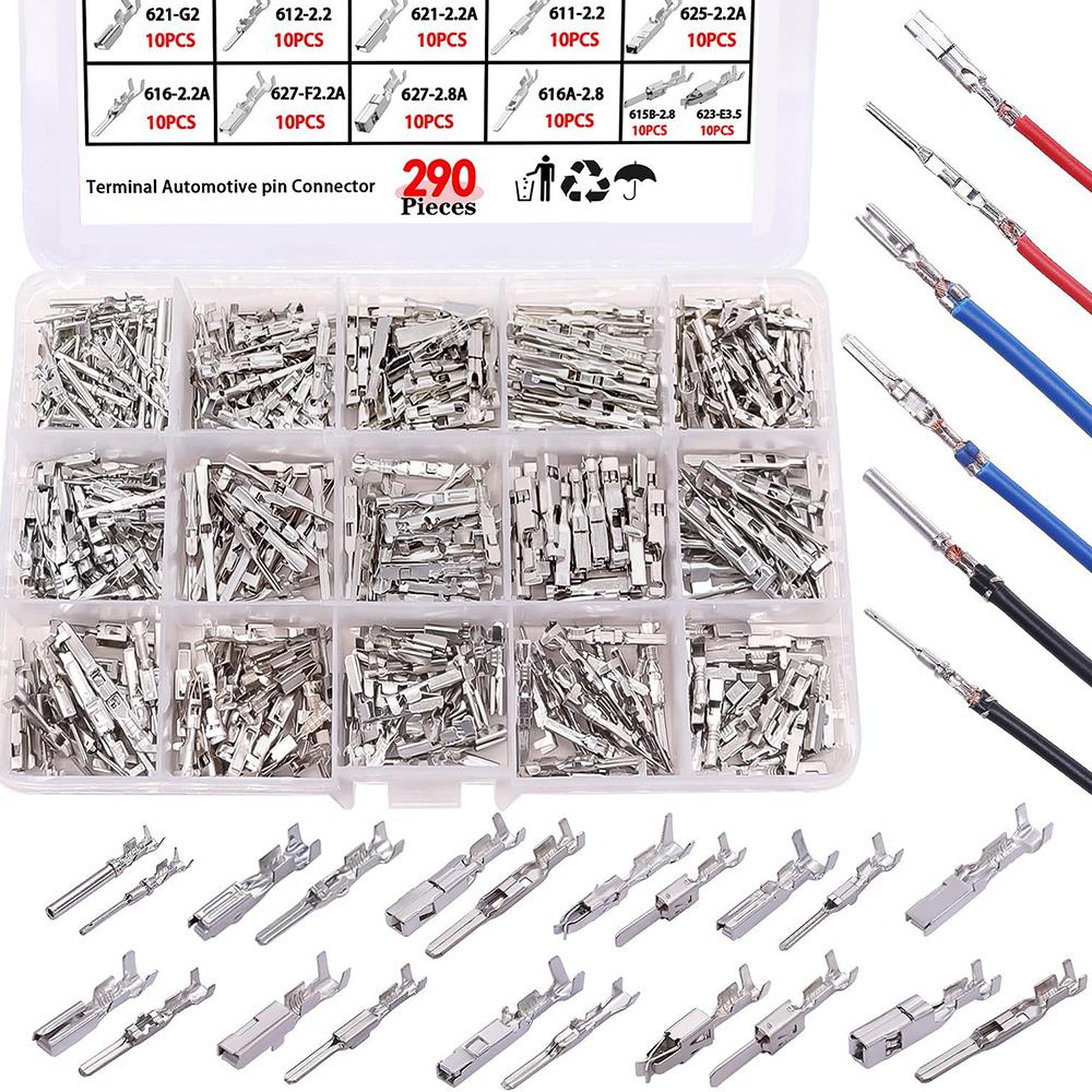 290PCS Car Wire Terminal Pin Connectors 1/1.5/1.8/2.2/2.8/3.5mm Connector Pins Terminal Auto Electric Male Female Crimp Pins