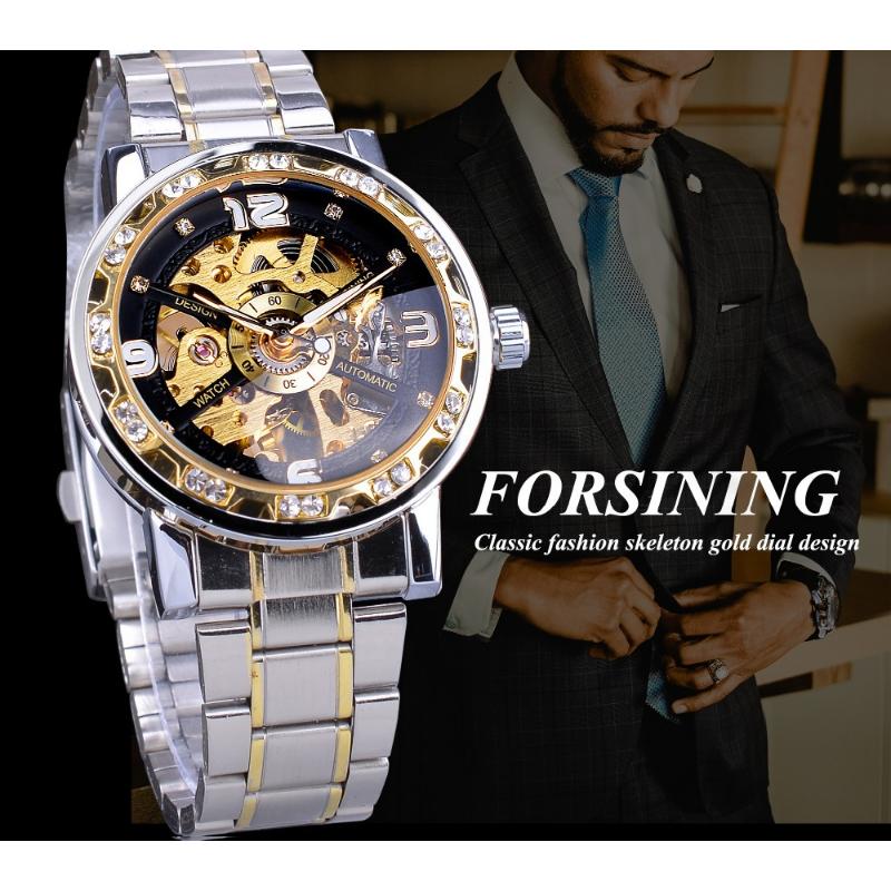Forsining Montres Mode Homme Casual Classique Pop Ajouré Strass Montre Mécanique Manuelle