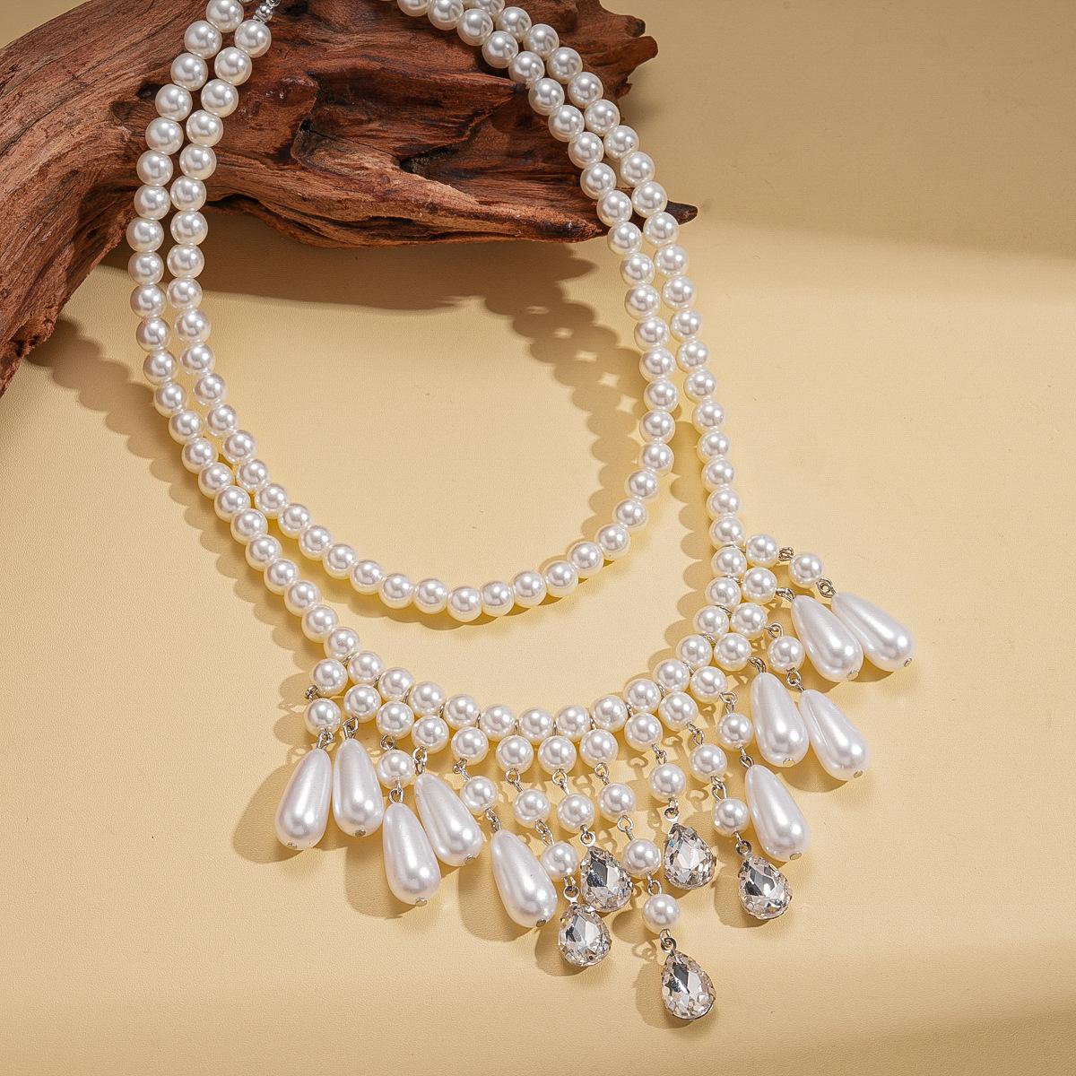 Diamond-encrusted imitation pearl beaded water drop fringed double-layer sweater chain personalized retro necklace