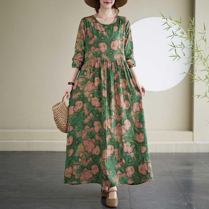 Travel Round Neck Vintage Long Skirt Flesh Covering Dresses
