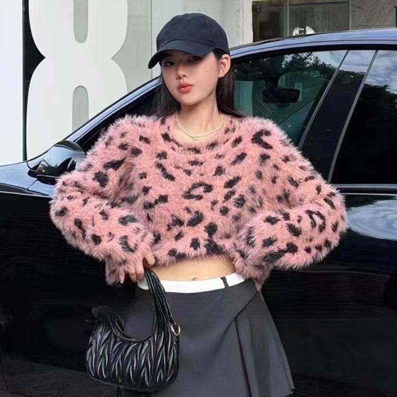 Imitation Mink Fur Loose Long Sleeve Cropped Sweaters Women Autumn Winter Fashion Leopard Print Pullover Sweater Ladies Elegant Slim Knitwear 24792