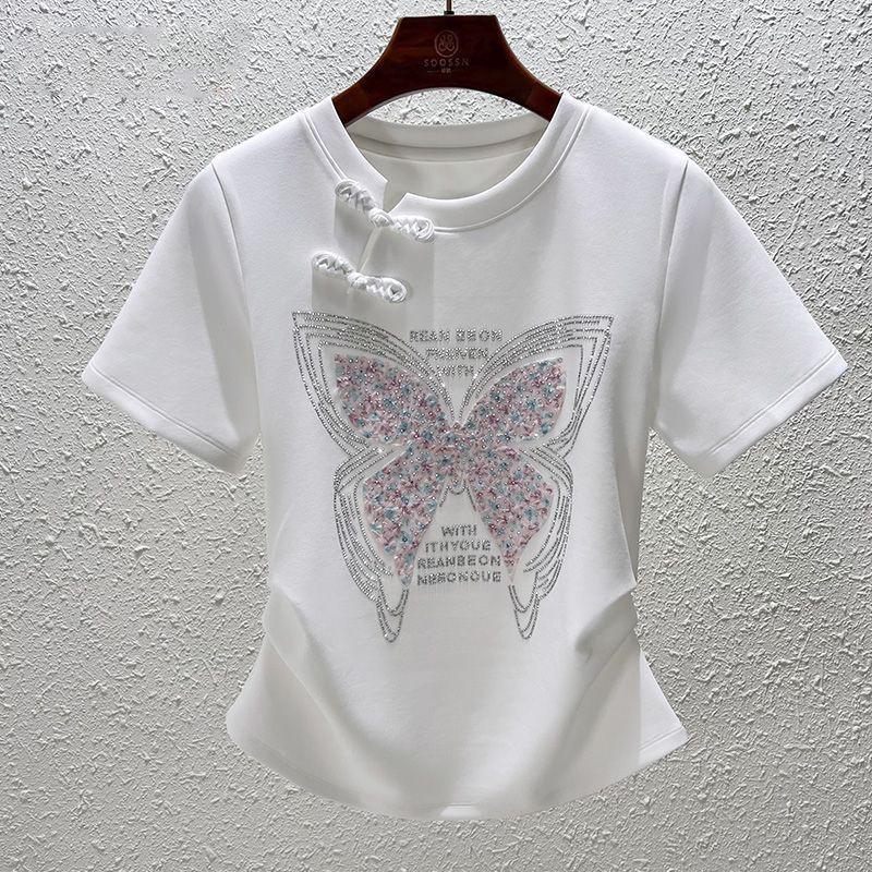 

Футболка с ретро-дисковыми пуговицами, женская, тяжелая промышленность, принт в виде ромбовидной бабочки, облегающий повседневный топ с короткими рукавами, летний топ S белый