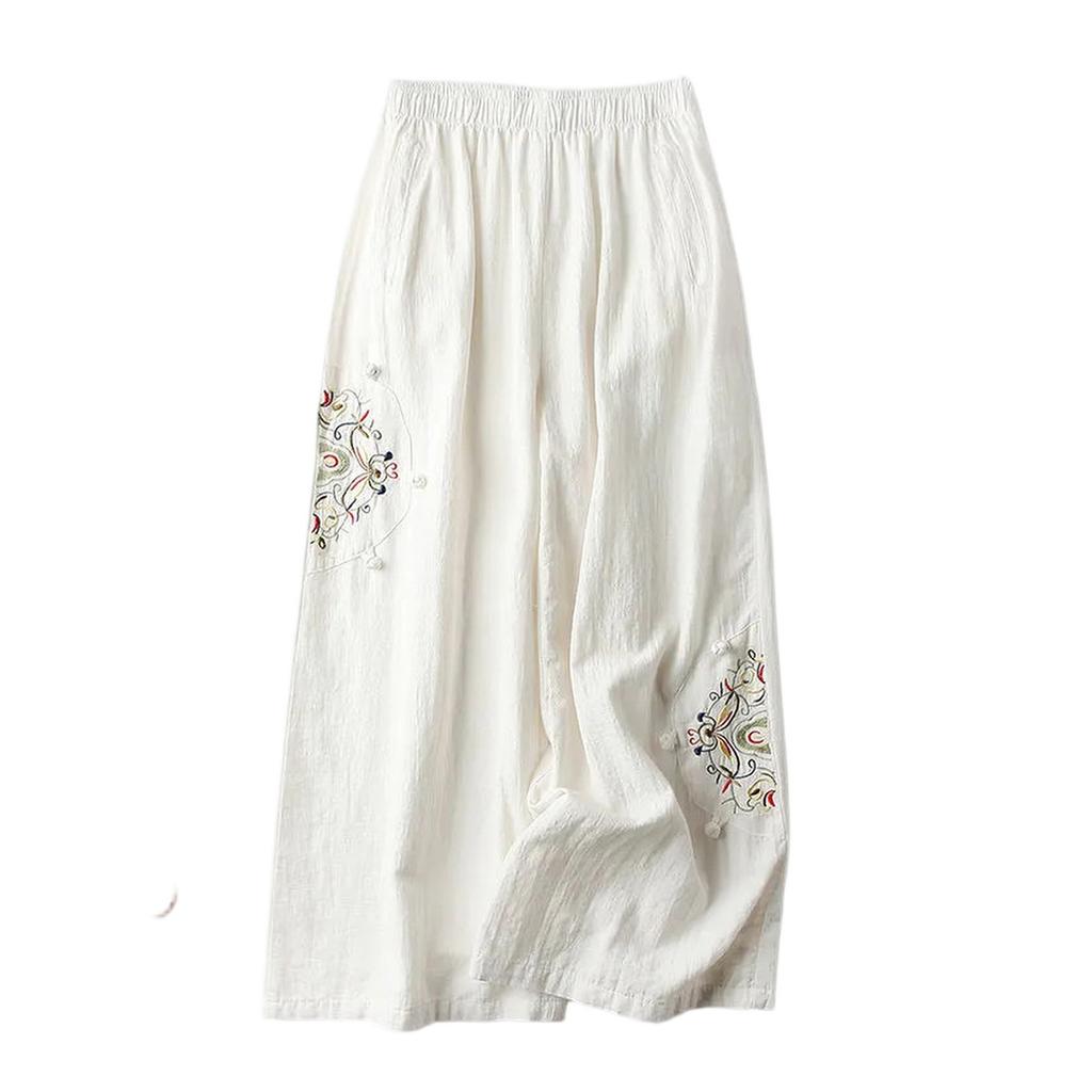 Women's Casual Loose Fit Cotton Linen Blend Lightweight Vintage Ethnic Embroidered Wide Leg Pants Versatile And Flattering 9/10 Length Cropped Pants