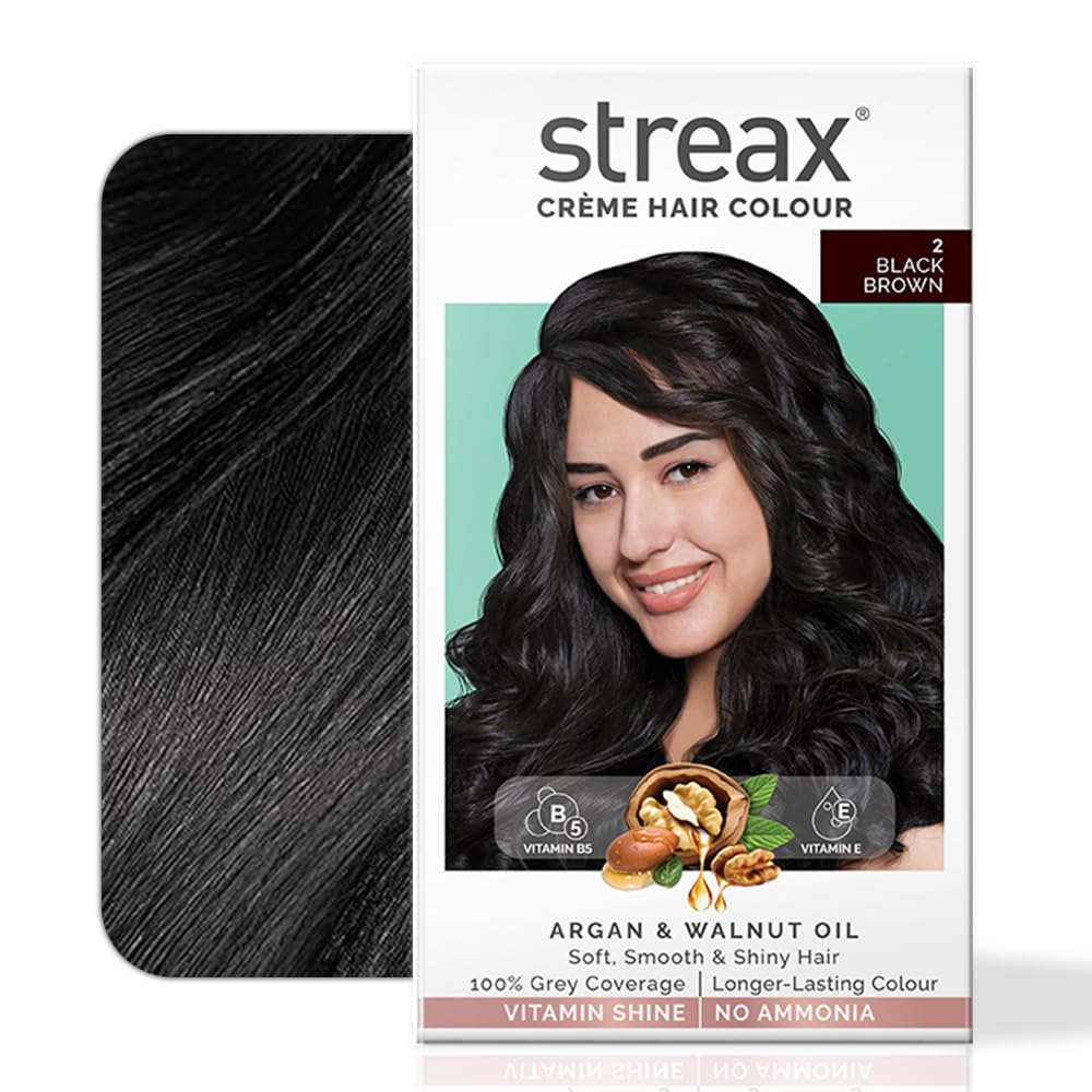 Streax Crème Permanent Hair Colour 2 Black Brown 120ml Long Lasting Grey Coverage Ammonia Free Hair Color Women