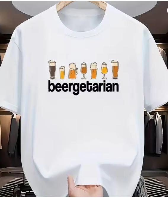 Maglietta Unisex Cotone Divertente Vegana Amante della Birra Stampa Beergetarian Con Bicchieri da Birra Simbolo Vegano Blu Navy Girocollo Maglietta Casual