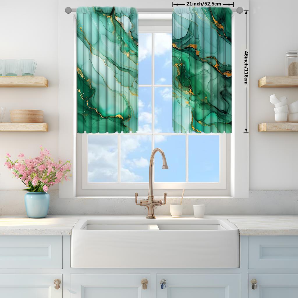 2pcs Green Marble Watercolor Pattern Printed Curtain for Home Decor - Rod Pocket Window Treatment for Bedroom   Office   Kitchen